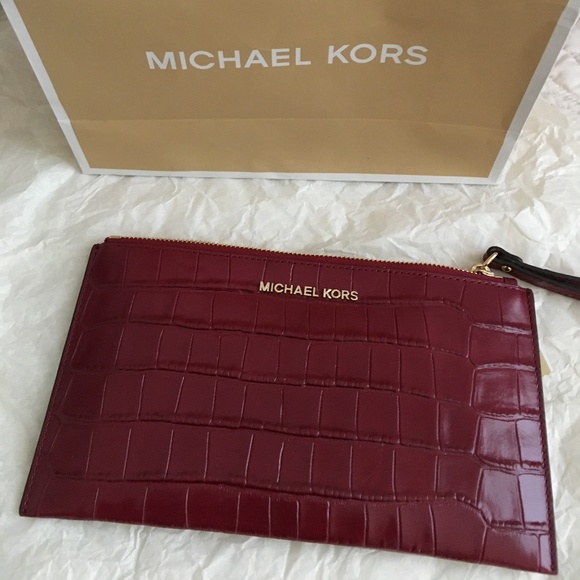 MICHAEL Michael Kors Handbags - NWT Michael Kors  Embossed Cherry Leather Clutch